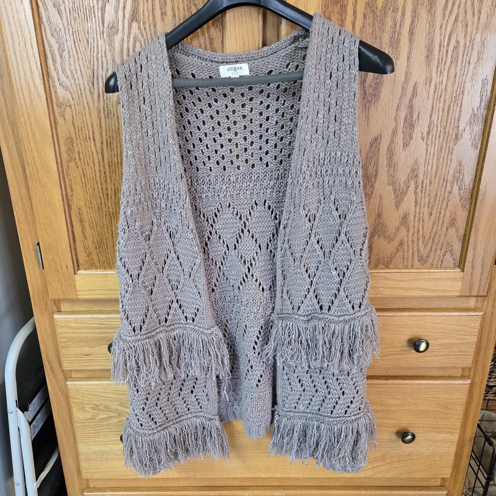 Umgee USA Boho Style Crocheted Fringe Open Vest Women's Size S Light Brown EUC